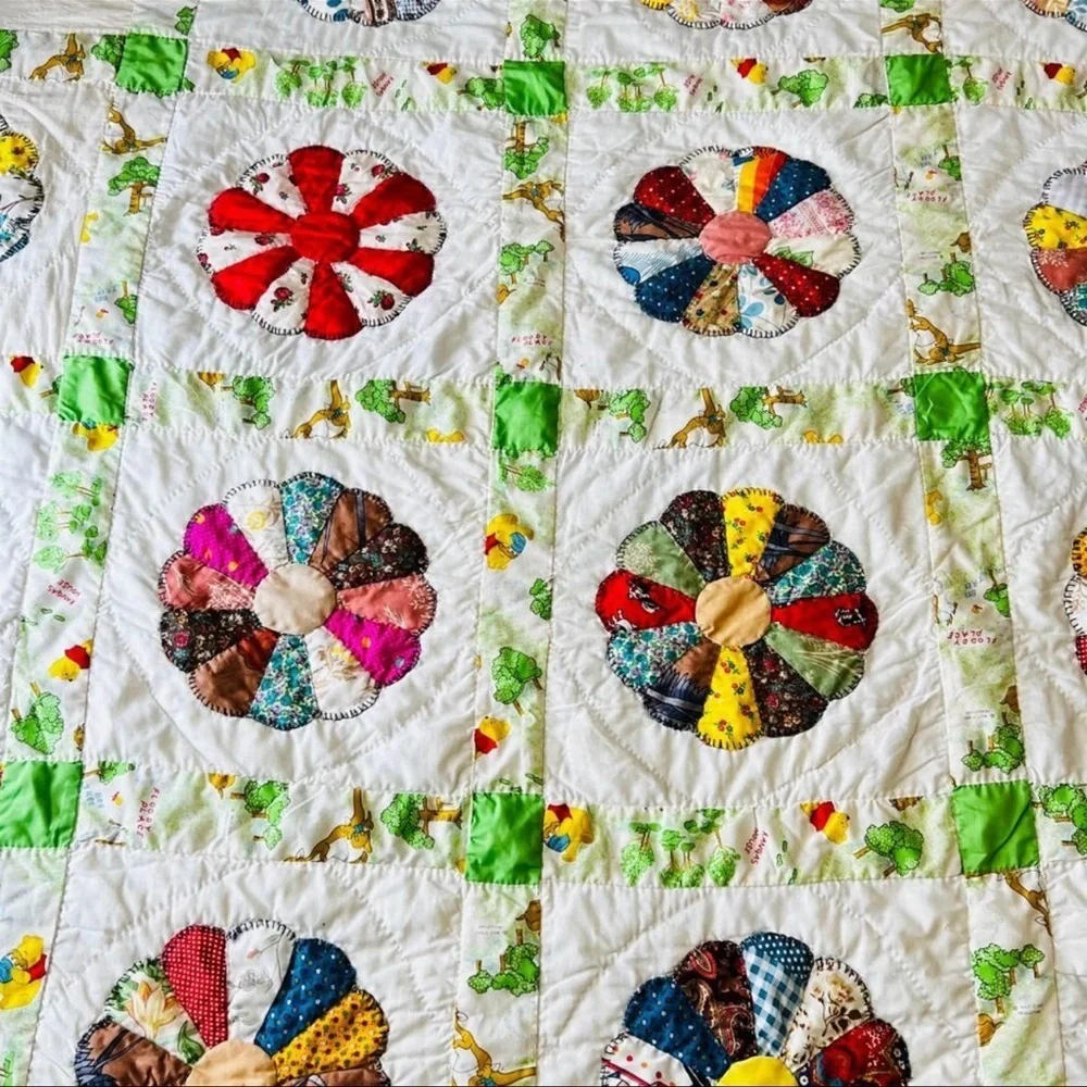 68”x82” Twin Size Homemade Hand Stitched Dresden Plates Quilt for kids room.